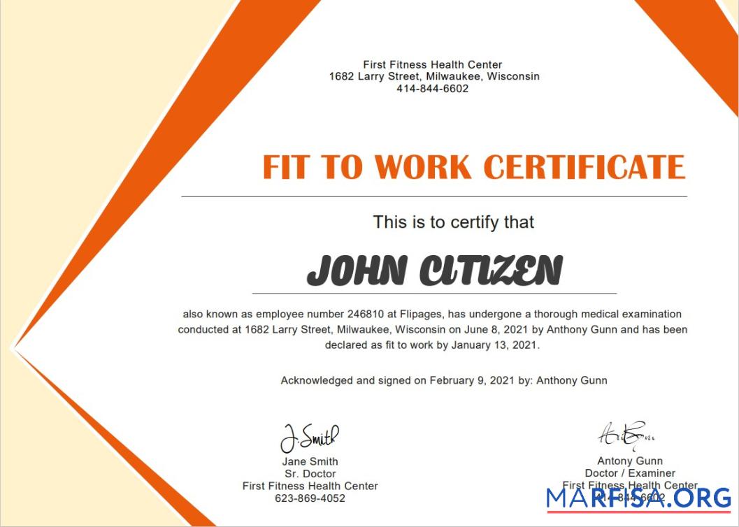 Printable USA Medical Fitness cert download for verification